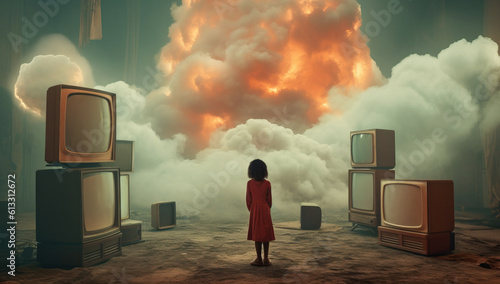 A young girl standing in isolated area with vintage cathodic televisions facing a distant explosion