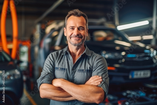 A successful good looking auto-mechanic with beard standing with his arm crossed, mechanic shop in the background. Generative AI