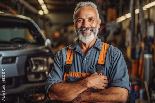 A successful good looking auto-mechanic with beard standing with his arm crossed, mechanic shop in the background. Generative AI