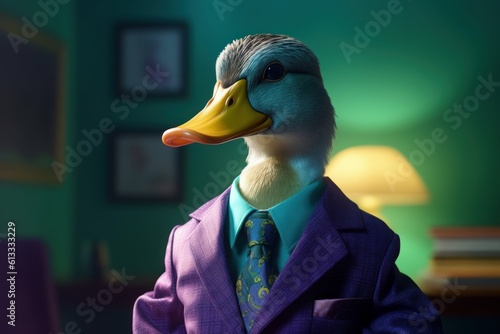 Anthropomorphic Duck in a suit like a businessman. Business Concept. AI generated, human enhanced