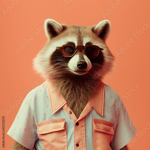Fashion raccoon in shirt. Purple monochrome portrait. Generative AI