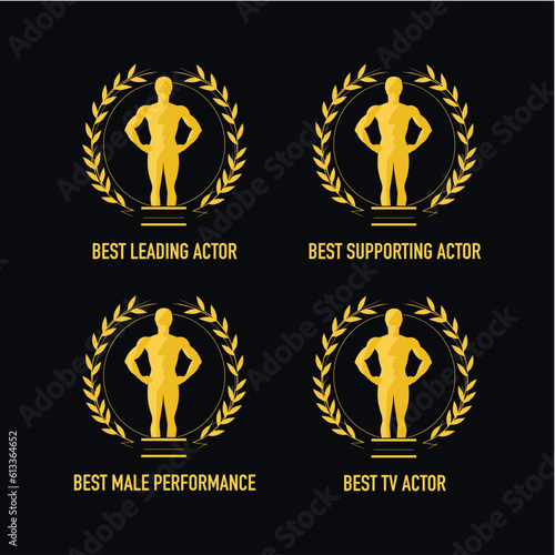 Movie award best film and tv actor nomination and winner, gold vector logo icon set with laurel wreath