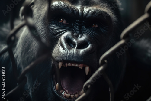 Aggressive screaming big monkey behind bars cage, portrait of an angry gorilla behind iron mesh. Generative AI animal illustration