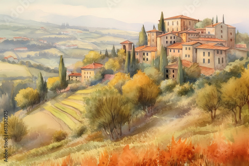 Artwork - watercolor pencil drawing of the Tuscany in Italy 