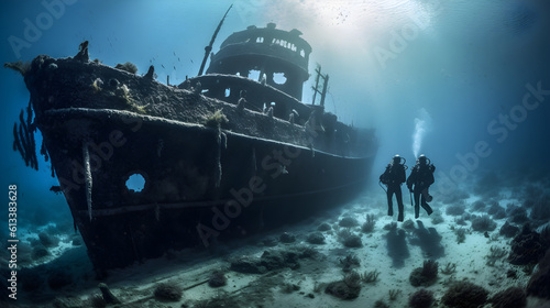 scuba divers in a sinked boat