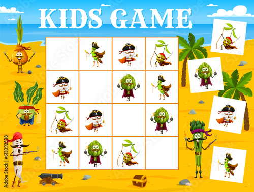 Sudoku kids game cartoon vegetable pirates and corsairs characters. Vector riddle with cartoon olive, artichoke, champignon and bean filibuster personages. Educational quiz task, children brain teaser