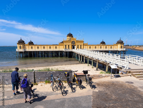 Famous historical bath house - kallbadhuset - in Varberg Sweden , iconic building in Sweden, Region of Halland , city of Varberg. Cold bath in sea for men and women on each side.