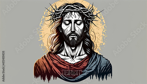 Jesus Christ, the Son of God in a crown of thorns on his head. Generative AI