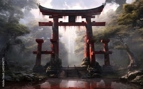 The torii japanese gate on the sea at the sunset sky. Generative AI.