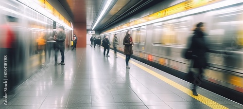 Train station people walking motion blur effect background. Generative AI technology.