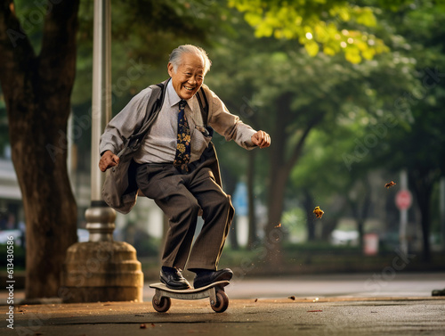 The photograph portrays the joyous old age as the grandfather skates happily in the park. With a radiant smile, he embodies a youthful spirit and showcases that age is no limit to Generative AI