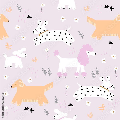 Pastel seamless pattern with flowers and dogs. Childish print. Vector hand drawn illustration
