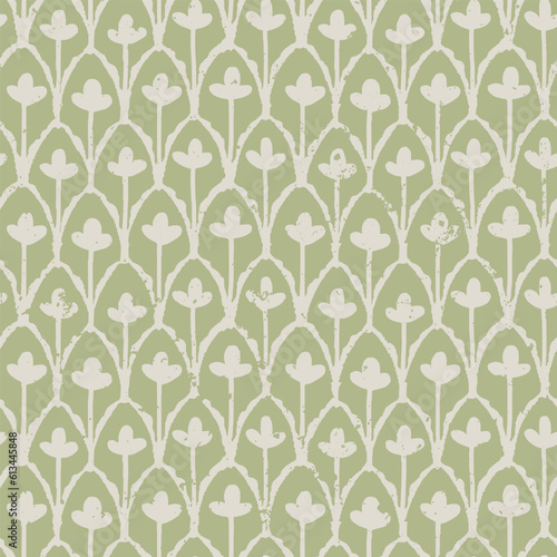 Flower geometric pattern. Seamless background. White and green ornament. Ornament for fabric, wallpaper, packaging. Decorative print