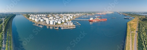 Panoramic drone picture from port Rotterdam with big transport ships