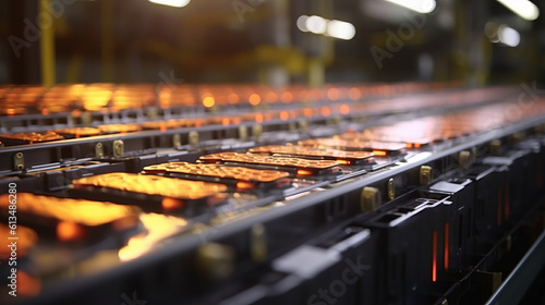 Mass production assembly line of electric vehicle battery cells close-up view