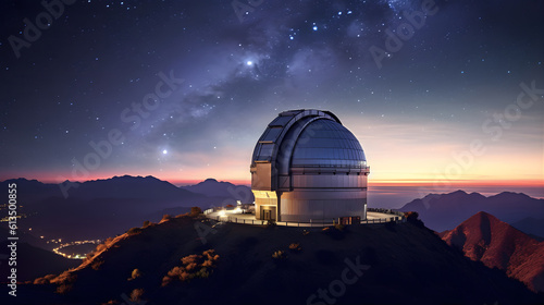 A bustling observatory atop a mountain peak, with astronomers peering through powerful telescopes at distant stars and galaxies