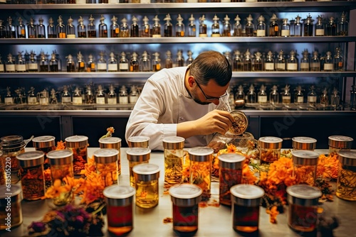 Perfumer at Work: Rows of Ingredients and Tools - AI Generated