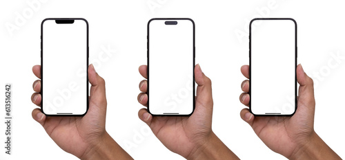 Hand holding the black smart phone 14 with blank screen and modern frameless design in two rotated perspective positions - isolated on white background - Clipping Path