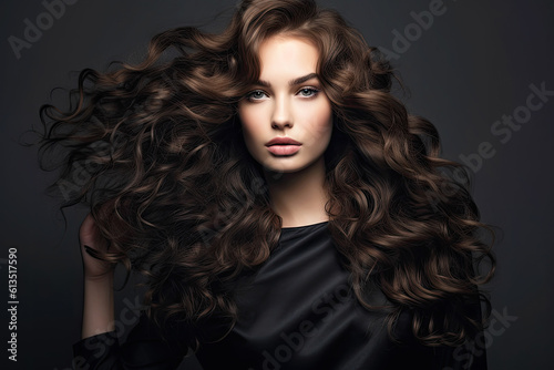 Portrait of Beautiful Brunette Woman with Long Curly Wavy Hair. AI generative. Hair Flying in the Wind. Copy Space.