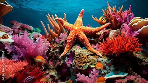 Tropical sea underwater starfish on coral reef. Aquarium oceanarium wildlife colorful marine panorama landscape nature snorkeling diving