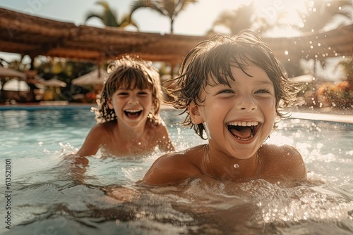 two european kids have fun in the pool generative ai