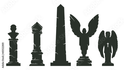 Halloween obelisk silhouettes. Horror cemetery tombstones, halloween angel statues, gravestones and monuments flat cartoon vector illustration set