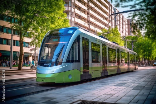 Low - angle shot of a modern electric tram passing by, showcasing the eco - friendly nature of public transportation. Generative AI