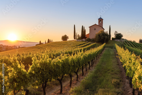 Vineyard fields with buildings at sunset in tuscany