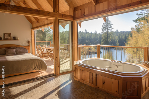 A beautiful bedroom decorated in woods with a jacuzzi tub