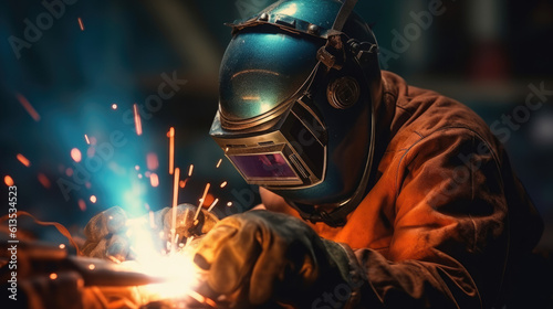 Closeup of a Man Welding in Protective Gear. Illustrates Metallurgy, Engineering, Construction, and Fabrication Work. With Licensed Generative AI Technology Assistance.