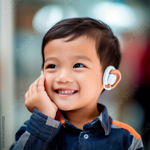 Hearing aid in kids ear. Toddler child wearing a hearing aid at home. Disabled child, disability and deafness concept. generative ai