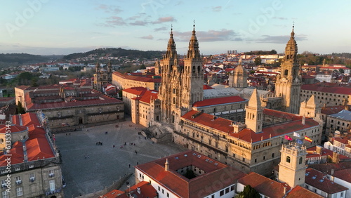 Aerial view of famous Cathedral of Santiago de Compostela. Travel destination in north of Spain Way of St James. Spain