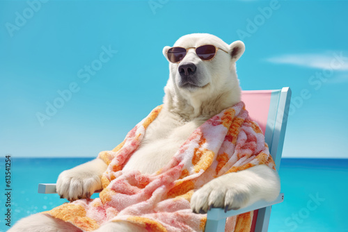 polar bear character with fresh cold drink sunbathing on deckchair in tropical summer vacation, Generative AI