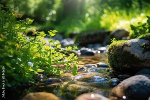 Illustration of a serene stream flowing through a vibrant green forest, Generative AI