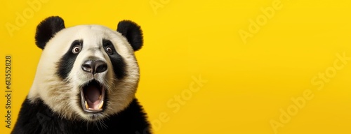 Panda looking surprised, reacting amazed, impressed, standing over yellow background