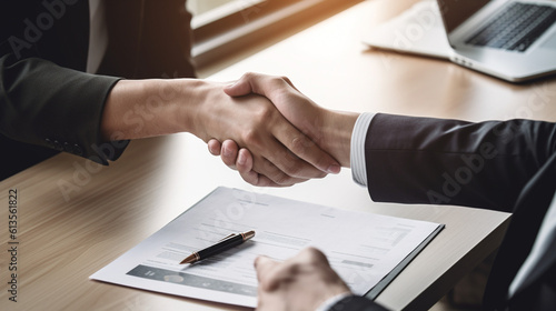 Happy bank manager shaking hands with a client after successful agreement in the office, generative ai