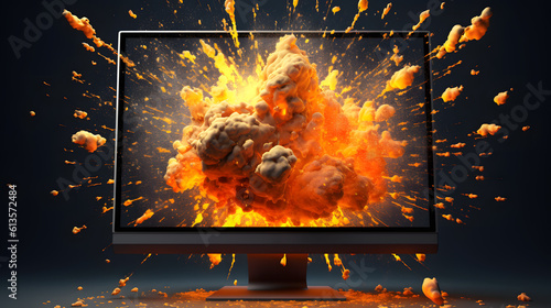 Explosion coming from computer screen. digital AI Generation.