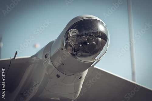 Camera in the head of an unmanned military drone close-up, modern military equipment