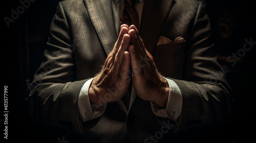 Businessman hands, praying, generative ai