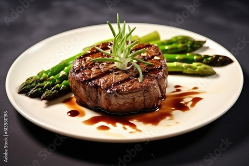 Grilled fillet mignon beef steak set, with onion and asparagus, on plate