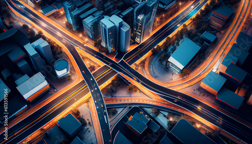 Overhead view of roads in a futuristic city with autonomous vehicles, overlay vehicle tracking system, advanced traffic management,intelligent transportation,and smart city concepts Ai generated image