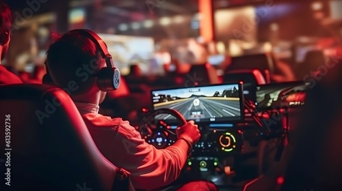 professional gamers playing online car racing esport simulator with steering wheel competition, Generative AI