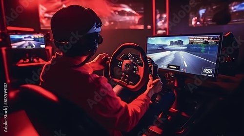 professional gamers playing online car racing esport simulator with steering wheel competition, Generative AI