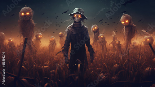 animated spooky scarecrow in a corn field on halloween night. atmospheric chilling background. ai generative