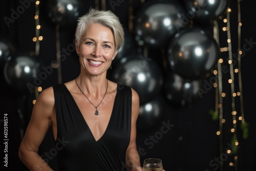 Portrait of beautiful mature woman with glass of champagne on black background