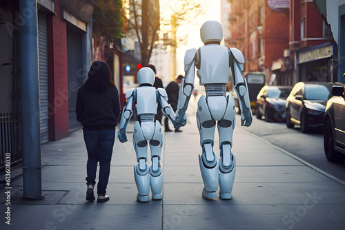 Humanoid robot on a walk street city with children, family friend nanny babysitter care upbringing. Technology for the benefit of mankind. Generative AI