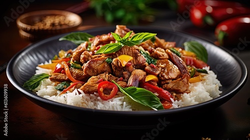 close up traditional Thai cuisine dish, Pad Kra Pao, stir-fried basil with pork or crispy pork, Generative Ai 