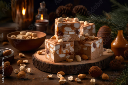 Christmas mixed nut nougat or chocolate torrone slices on a plate.