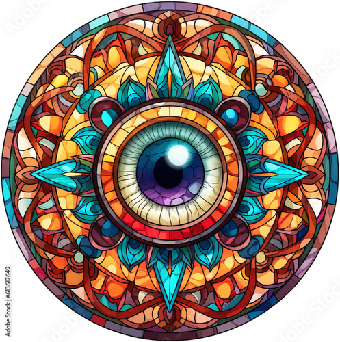 Round stained-glass illustration of the evil eye (Turkish eye symbol amulet) in a stained-glass/mosaic frame. AI-generated art.