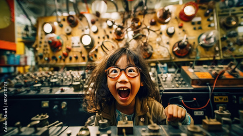 Mały naukowiec, dziewczynka krzyczy podczas wynalazków